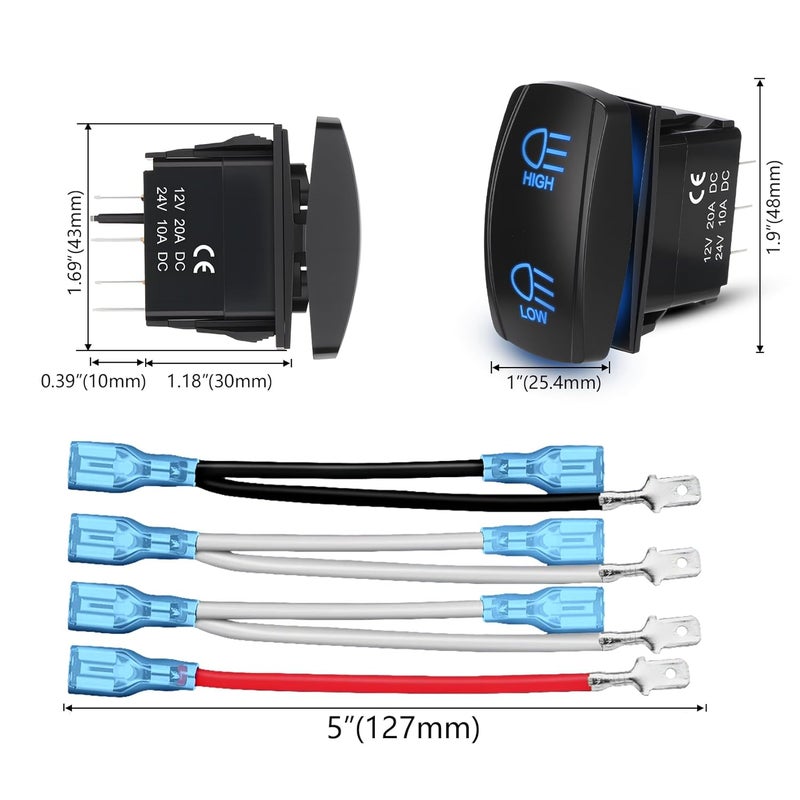 Weasch High Low Beam Headlights Rocker Switch, ON Off ON DPDT 7 Pins, 20A 12V 10A 24V DC, with Jumper Wires for Car Boat Truck RV SUV ATV UTV Trailer, Blue - Image 5